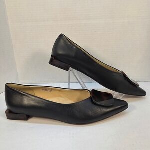 Ana Palma Leather Flats Womens 40 Black Excellent Tortoise Buckle Pointed Toe